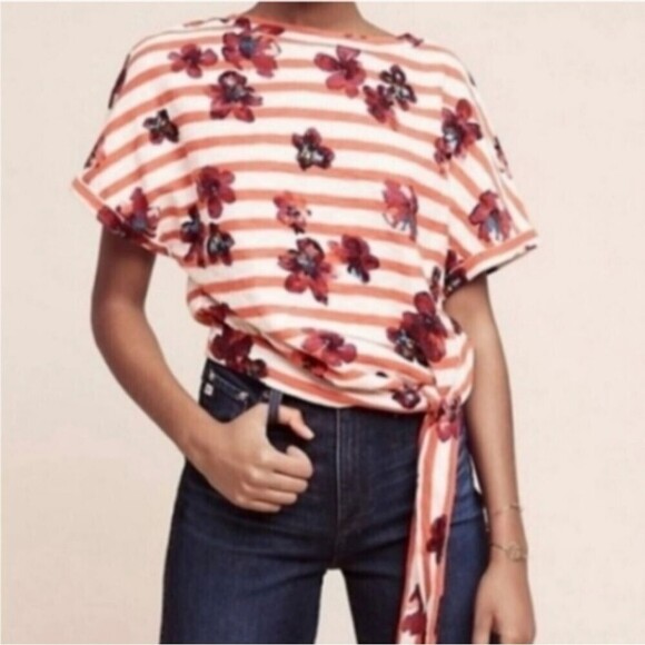 Anthro Postmark Women Size Small Red Navy Blue Striped Floral Side Tie Top - Picture 2 of 13